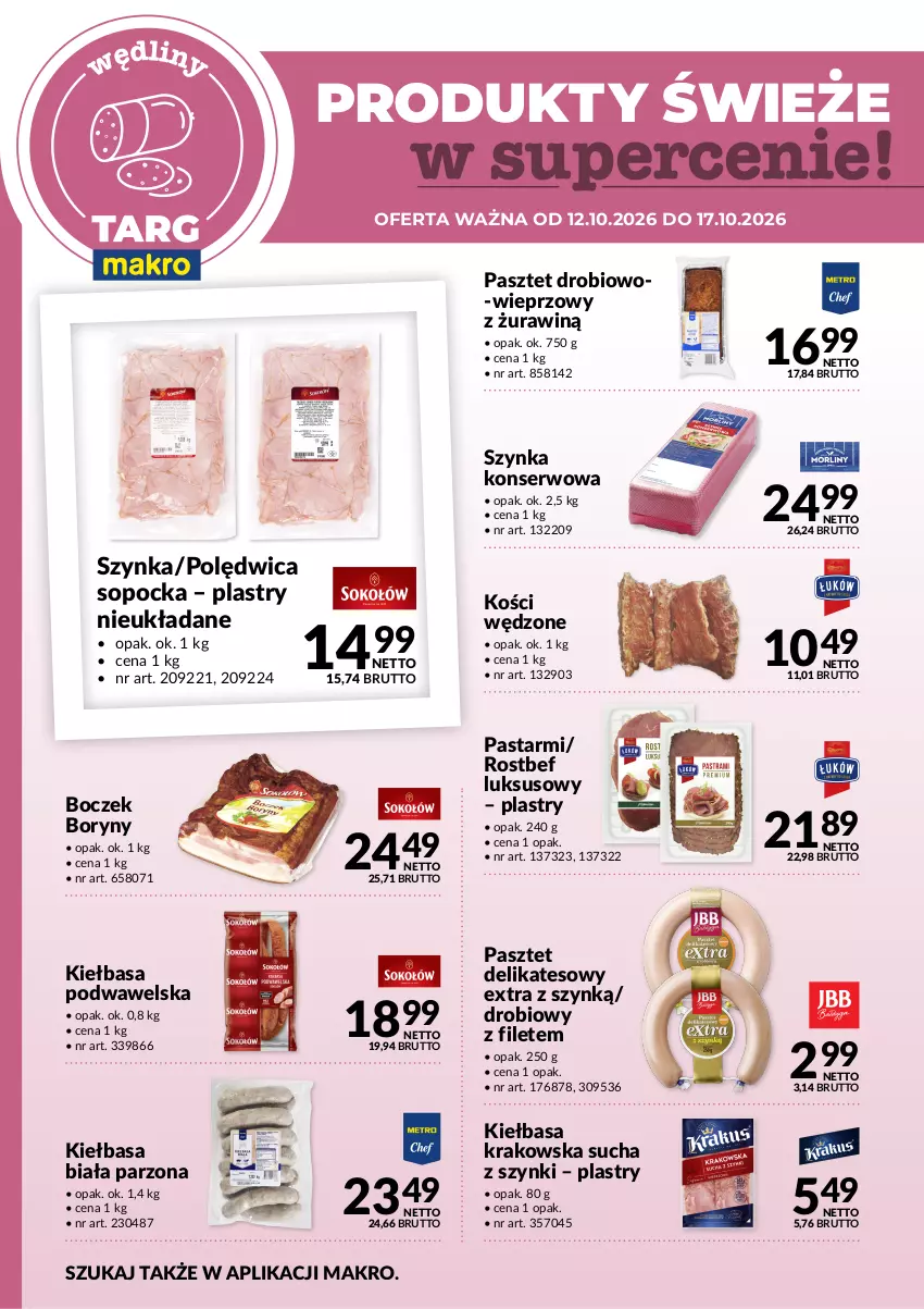 Gazetka promocyjna Makro - Targ MAKRO - oferta świeża w super cenach! - ważna 12.10 do 17.10.2026 - strona 2 - produkty: Boczek, Kiełbasa, Kiełbasa biała, Kiełbasa krakowska, Kiełbasa podwawelska, Pasztet, Polędwica, Rostbef, Ser, Szynka, Szynka konserwowa, Wawel