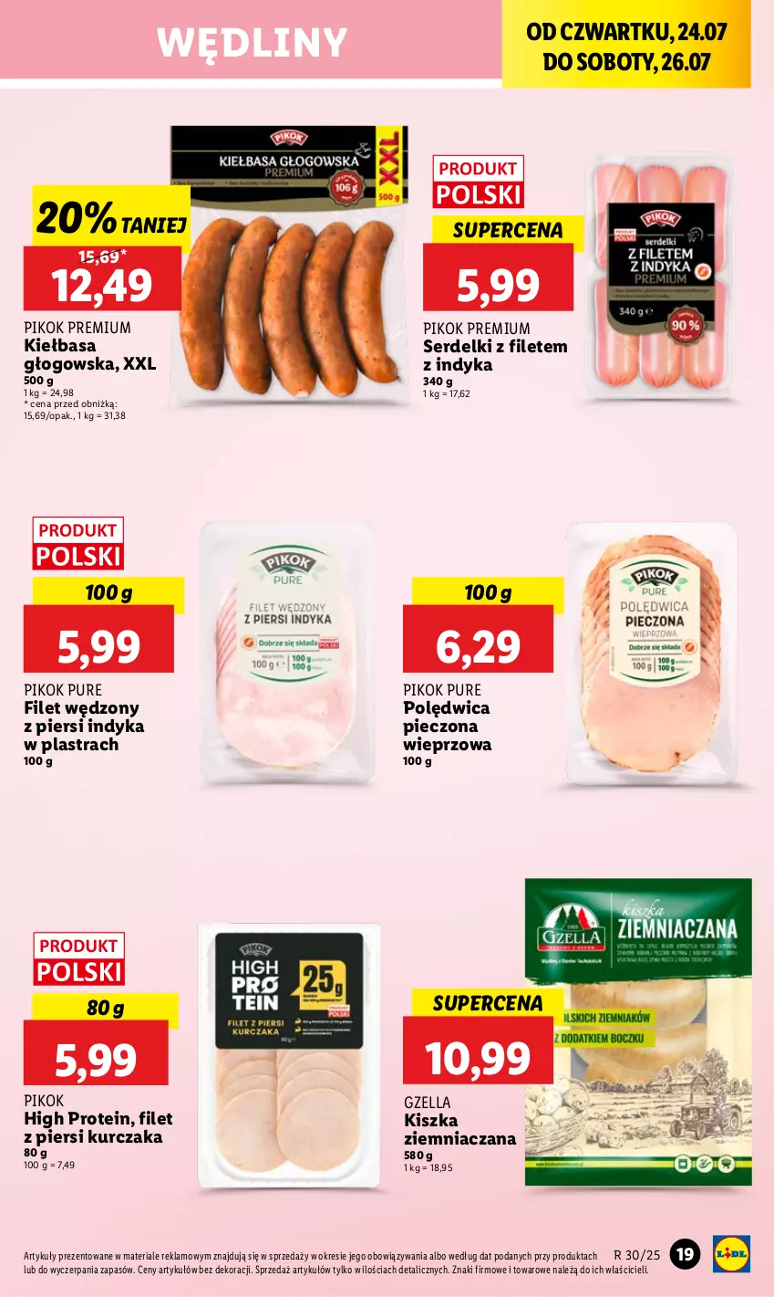 Gazetka promocyjna Lidl - GAZETKA - ważna 24.07 do 26.07.2025 - strona 23 - produkty: Filet z piersi kurczaka, Kiełbasa, Kiełbasa głogowska, Kurczak, Piec, PIKOK, Polędwica, Pur, Ser, Serdelki