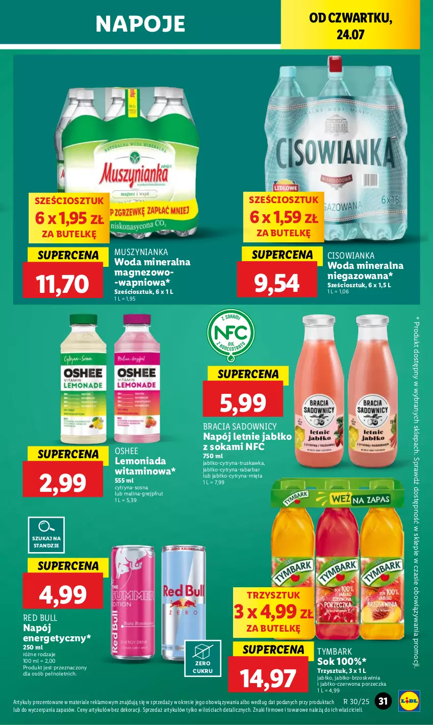Gazetka promocyjna Lidl - GAZETKA - ważna 24.07 do 26.07.2025 - strona 39 - produkty: Cisowianka, Grejpfrut, Lemoniada, Magnez, Mięta, Mus, Muszynianka, Napój, Napój energetyczny, Napoje, Oshee, Por, Red Bull, Sok, Sos, Tymbark, Woda, Woda mineralna