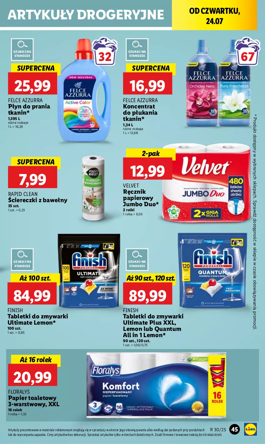 Gazetka promocyjna Lidl - GAZETKA - ważna 24.07 do 26.07.2025 - strona 55 - produkty: Finish, Flora, Papier, Papier toaletowy, Płyn do prania, Ręcznik, Rolki, Tablet, Tabletki do zmywarki, Velvet, Zmywarki