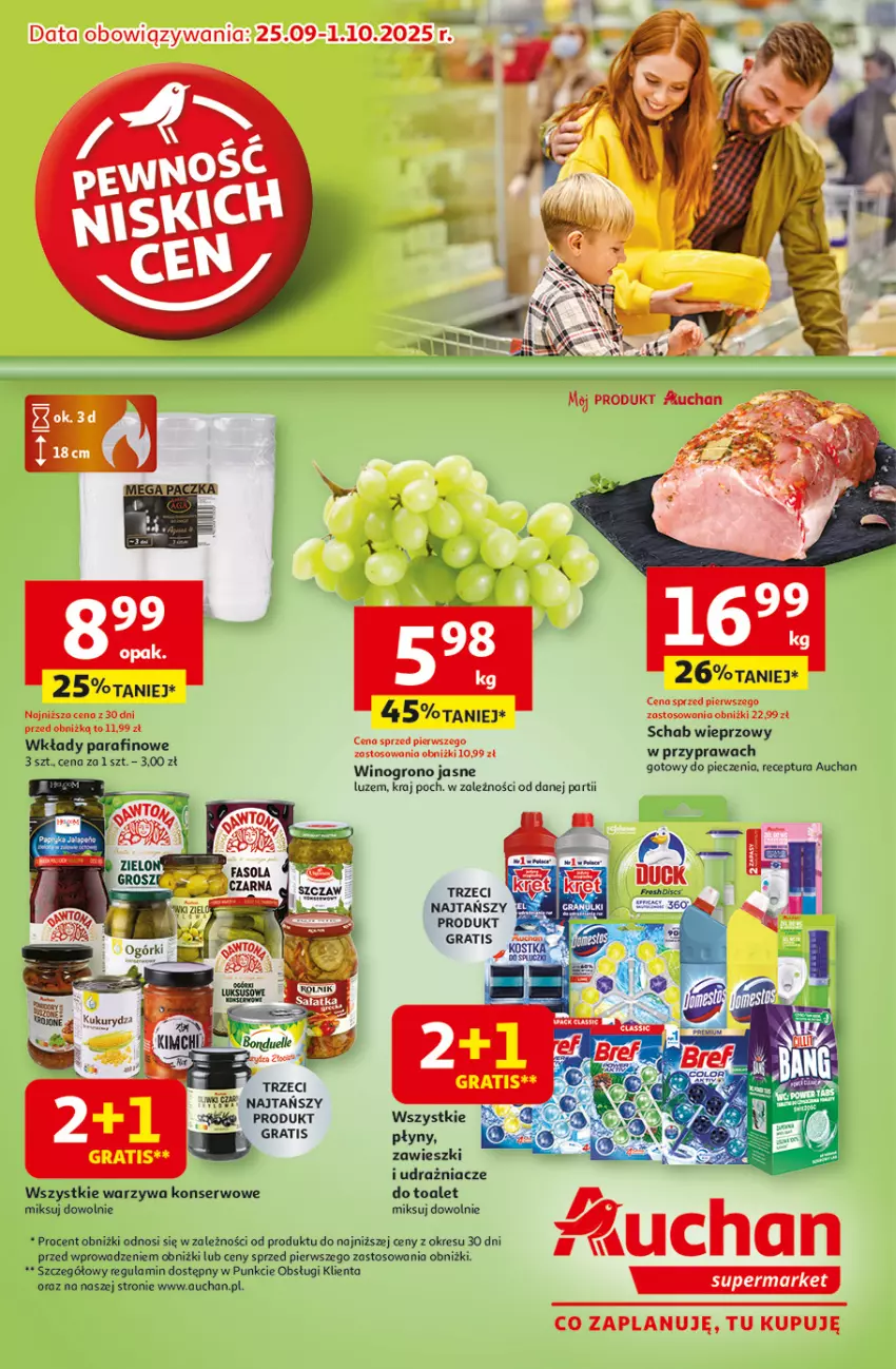 Gazetka promocyjna Auchan - Pewność niskich cen Supermarket - ważna 25.09 do 01.10.2025 - strona 1 - produkty: Bonduelle, Gra, Piec, Sałat, Sałatka, Schab wieprzowy, Ser, Warzywa, Warzywa konserwowe, Wino, Zawieszki