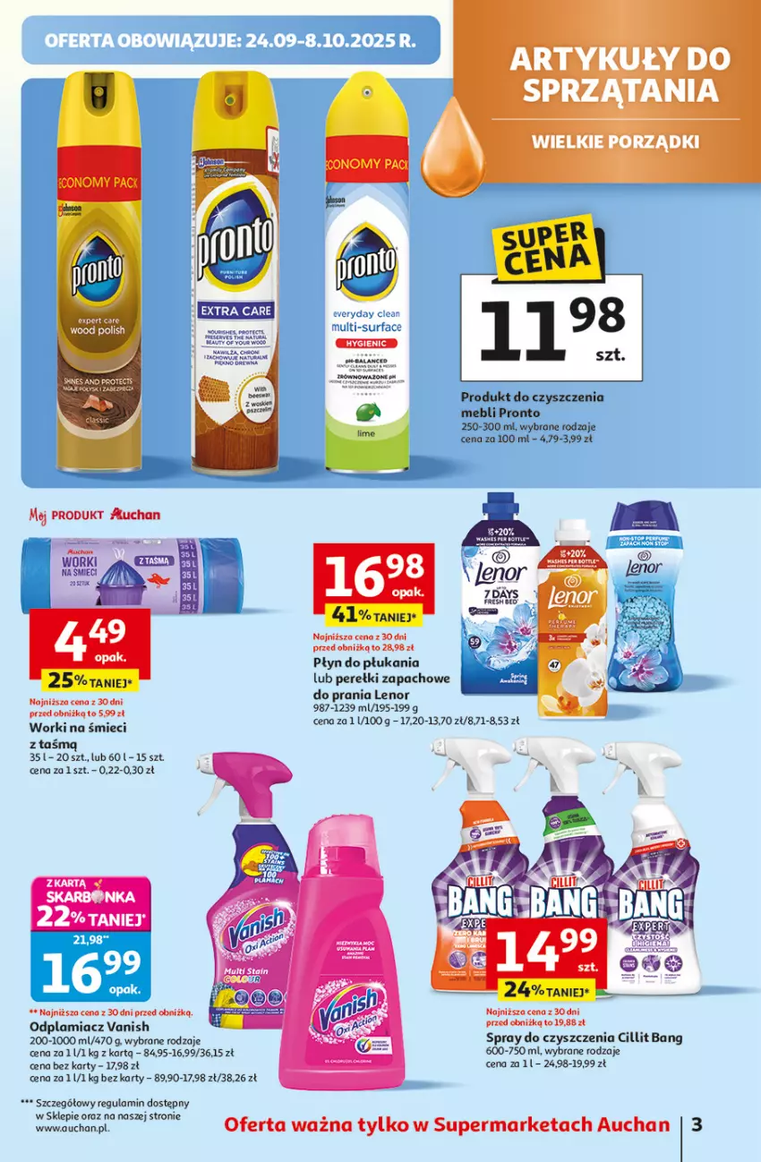 Gazetka promocyjna Auchan - Pewność niskich cen Supermarket - ważna 25.09 do 01.10.2025 - strona 3 - produkty: Cillit Bang, Fa, Lenor, Odplamiacz, Perełki zapachowe, Płyn do płukania, Pronto, Spray do czyszczenia, Surf, Vanish, Worki na śmiec, Worki na śmieci