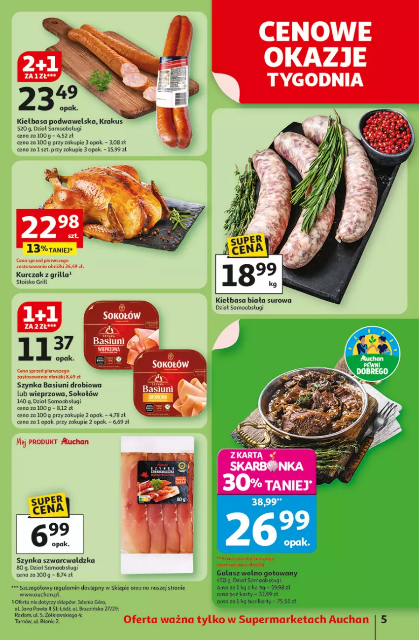 Gazetka promocyjna Auchan - Pewność niskich cen Supermarket - ważna 25.09 do 01.10.2025 - strona 5 - produkty: Grill, Kiełbasa, Kiełbasa biała, Kiełbasa podwawelska, Krakus, Kurczak, Sok, Sokołów, Szynka, Wawel