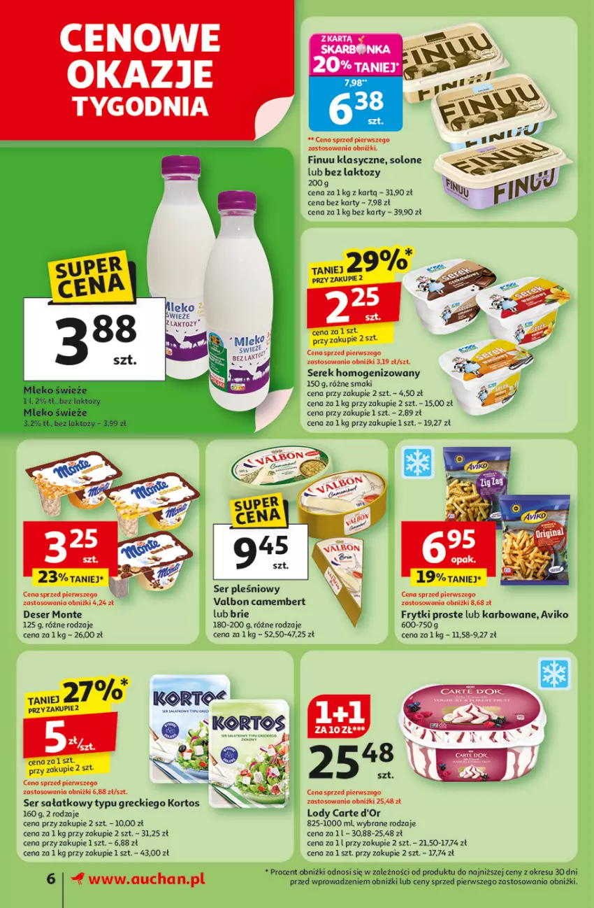 Gazetka promocyjna Auchan - Pewność niskich cen Supermarket - ważna 25.09 do 01.10.2025 - strona 6 - produkty: Brie, Camembert, Carte d'Or, Deser, Finuu, Frytki, Lody, Monte, Sałat, Ser, Ser pleśniowy, Serek, Serek homogenizowany