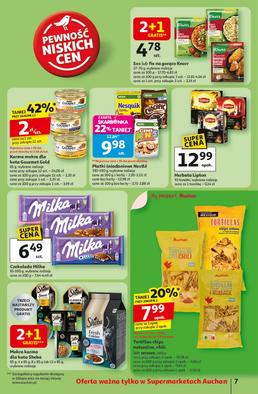 Gazetka promocyjna Auchan - Pewność niskich cen Supermarket - ważna 25.09 do 01.10.2025 - strona 7 - produkty: Czekolada, Danio, Gourmet Gold, Gra, Herbata, Knorr, Lipton, Milka, Mokra karma, Ser, Sheba, Sos, Tortilla