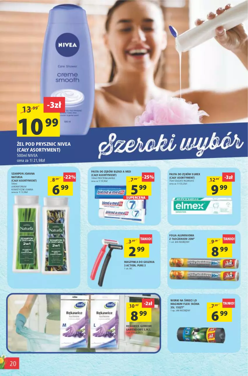 Gazetka promocyjna Arhelan - Gazetka - ważna 06.05 do 15.05.2022 - strona 20 - produkty: BIC, Colgate, Elmex, Folia aluminiowa, Jan Niezbędny, Joanna, LG, Maszynka, Maszynka do golenia, Nivea, Palmolive, Pasta do zębów, Pur, Rękawice, Szampon, Szynka, Worki na śmiec, Worki na śmieci