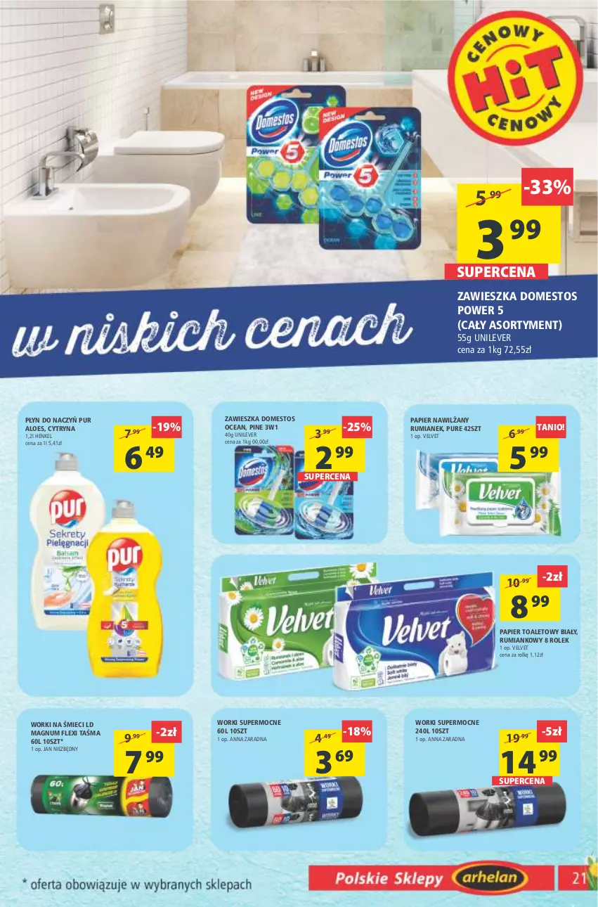 Gazetka promocyjna Arhelan - Gazetka - ważna 06.05 do 15.05.2022 - strona 21 - produkty: Domestos, Jan Niezbędny, Papier, Papier toaletowy, Pur, Rum, Velvet, Worki na śmiec, Worki na śmieci