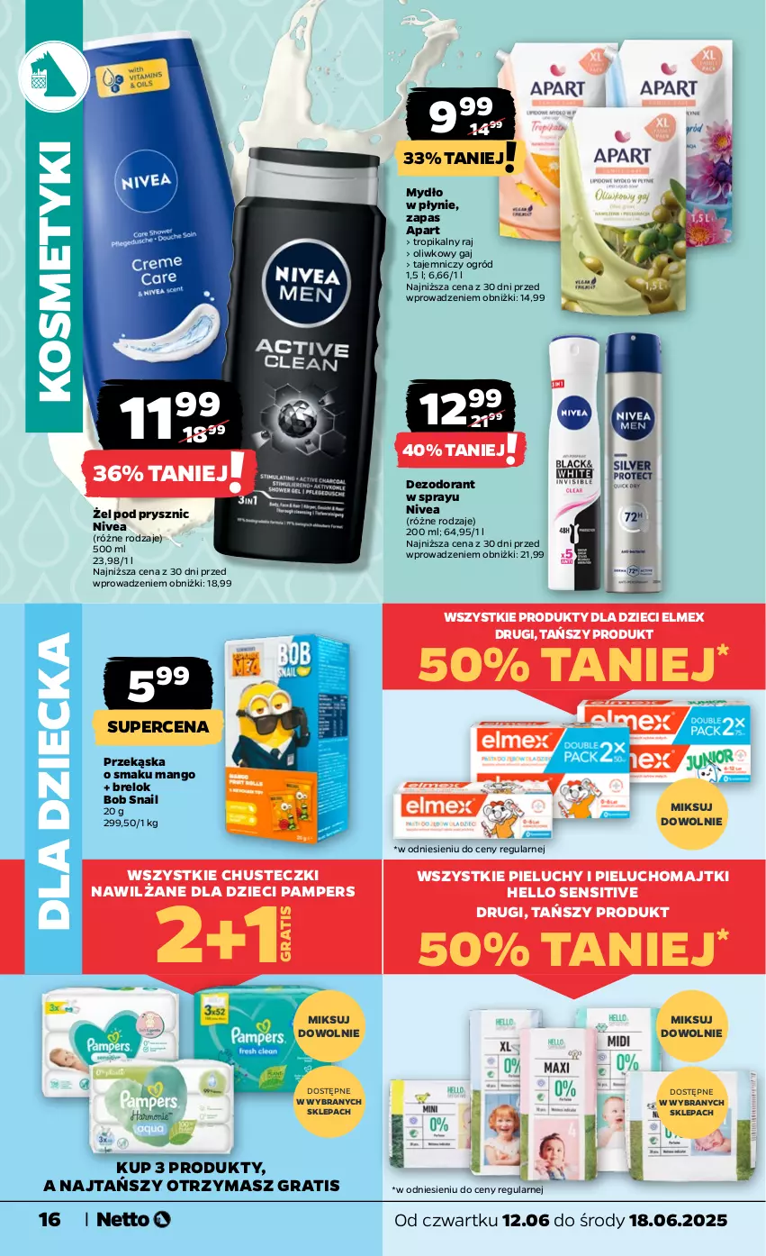 Gazetka promocyjna Netto - Od Czwartku - ważna 12.06 do 18.06.2025 - strona 16 - produkty: Chusteczki, Dezodorant, Dzieci, Elmex, Gra, Majtki, Mango, Mydło, Mydło w płynie, Nivea, Ogród, Pampers, Pieluchomajtki, Pieluchy