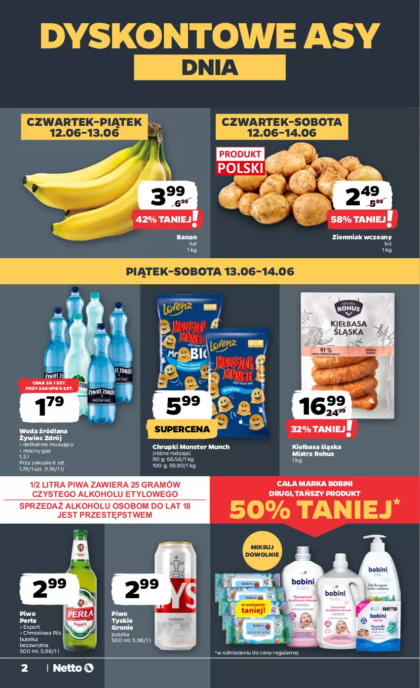 Gazetka promocyjna Netto - Od Czwartku - ważna 12.06 do 18.06.2025 - strona 2 - produkty: Chrupki, Gra, Kiełbasa, Kiełbasa śląska, LANA, Monster Munch, Mus, Perła, Piwa, Piwo, Por, Tyskie, Woda