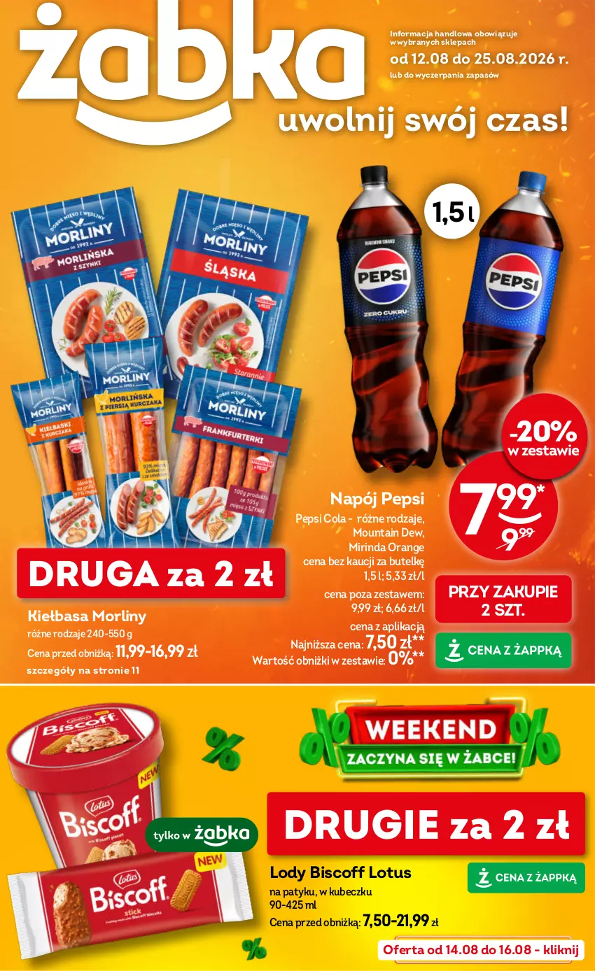 Gazetka promocyjna Żabka - gazetka-promocyjna-33-34-2026 - ważna 12.08 do 25.08.2026 - strona 1 - produkty: Kiełbasa, Lody, Mirinda, Morliny, Napój, Pepsi
