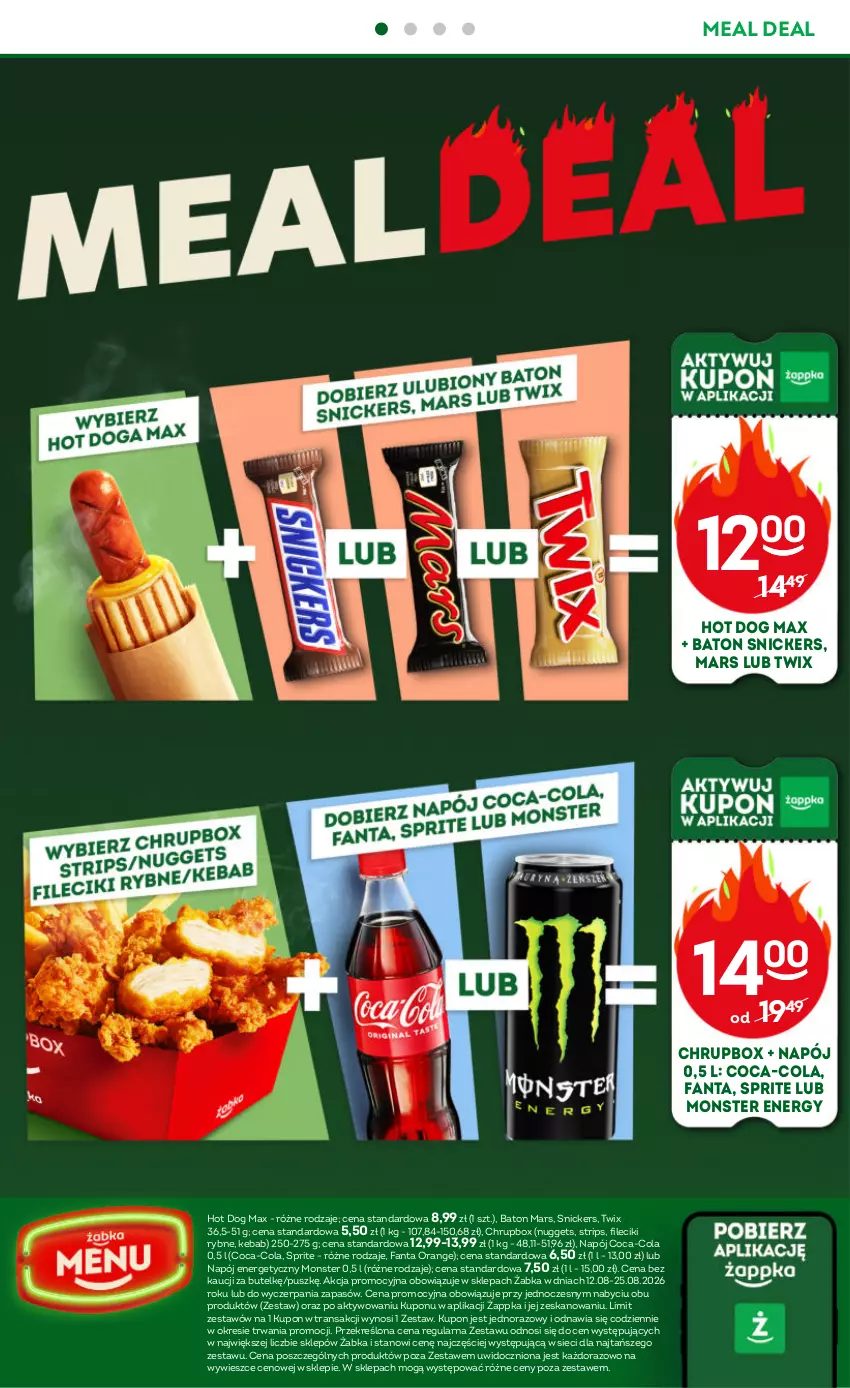 Gazetka promocyjna Żabka - gazetka-promocyjna-33-34-2026 - ważna 12.08 do 25.08.2026 - strona 64 - produkty: Baton, Coca-Cola, Fa, Fanta, Hot dog, Kebab, Mars, Napój, Napój energetyczny, Snickers, Sprite, Tran, Twix