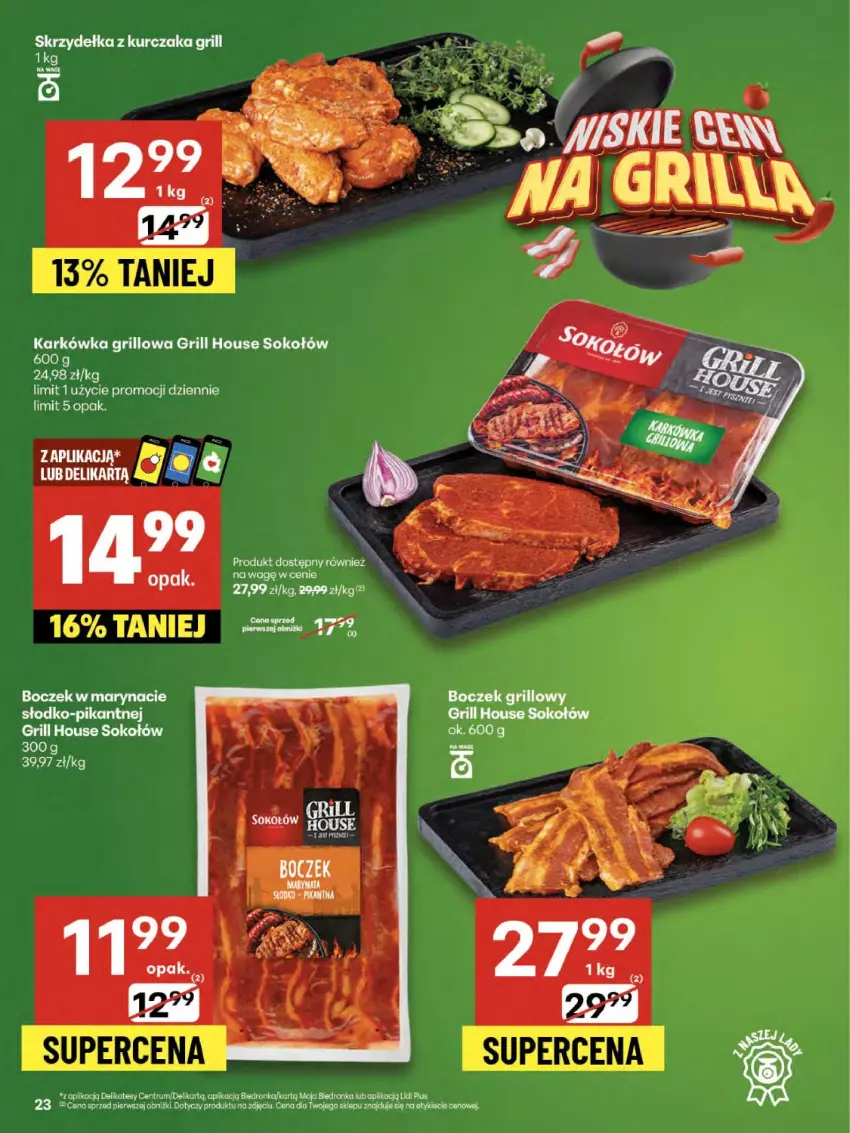 Gazetka promocyjna Delikatesy Centrum - Franczyza DC34 Czwartek - ważna 21.08 do 27.08.2025 - strona 23 - produkty: Boczek, Grill, Kurczak, Rum, Skrzydełka z kurczaka, Sok, Sokołów, Sos