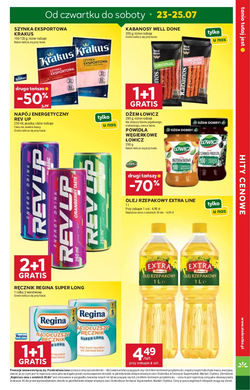 Gazetka promocyjna Stokrotka - Supermarket - ważna 23.07 do 29.07.2026 - strona 5 - produkty: Dżem, Gin, Gra, Kabanos, Krakus, Mięso, Napój, Napój energetyczny, Olej, Olej rzepakowy, Optima, Owoce, Por, Ręcznik, Sport, Szynka, Warzywa