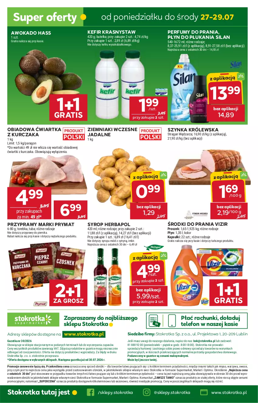 Gazetka promocyjna Stokrotka - Supermarket - ważna 23.07 do 29.07.2026 - strona 50 - produkty: Dres, Gra, Herbapol, Imbir, JBL, Kefir, Kurczak, Mięso, Miód, O nas, Optima, Owoce, Perfum, Piernik, Płyn do płukania, Prymat, Przyprawy, Silan, Sok, Syrop, Szynka, Szynka Królewska, Telefon, Torebka, Vizir, Wagi, Warzywa, Ziemniaki