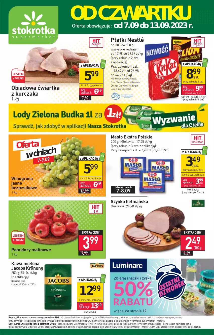 Gazetka promocyjna Stokrotka - Supermarket - ważna 07.09 do 13.09.2023 - strona 1 - produkty: Cheerios, Cini Minis, Corn flakes, Jacobs, Jacobs Krönung, Kawa, Kawa mielona, Kurczak, Lion, Masło, Mięso, Mleko, Mlekovita, Mus, Nestlé, Owoce, Pomidory, Szynka, Warzywa, Wino, Winogrona