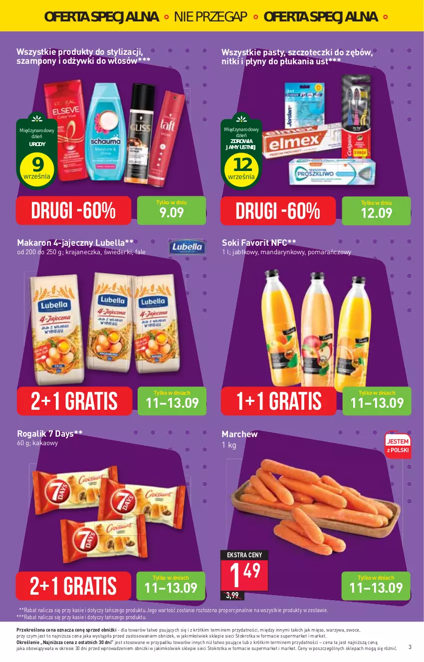 Gazetka promocyjna Stokrotka - Supermarket - ważna 07.09 do 13.09.2023 - strona 7 - produkty: 7 Days, Bell, Bella, Fa, Gra, Kakao, Lubella, Makaron, Mięso, Owoce, Por, Rogal, Sok, Szampon, Warzywa