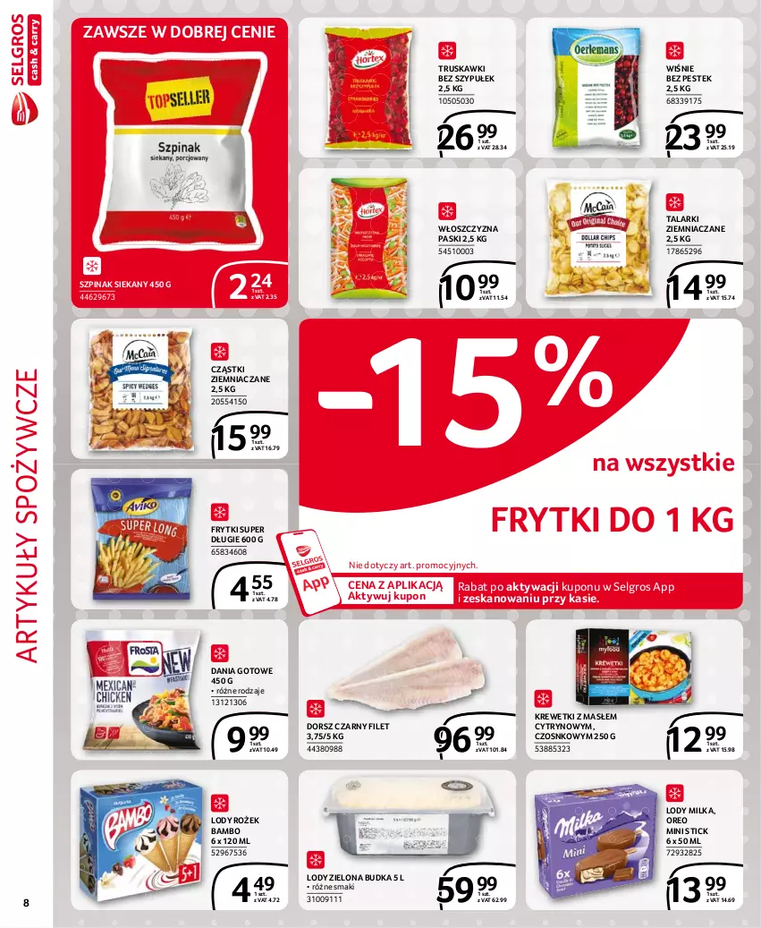 Gazetka promocyjna Selgros - Extra Oferta - ważna 01.07 do 31.07.2021 - strona 8 - produkty: Artykuły spożywcze, Dania gotowe, Dorsz, Frytki, Krewetki, LG, Lody, Milka, Oreo, Stek, Szpinak, Truskawki, Zielona Budka