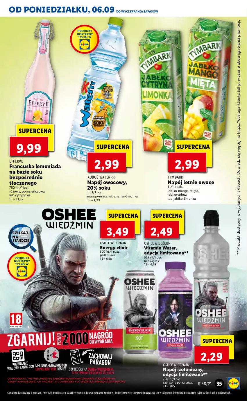 Gazetka promocyjna Lidl - GAZETKA - ważna 06.09 do 08.09.2021 - strona 35 - produkty: Ananas, Arbuz, Gres, Kiwi, Kubuś, Kubuś Waterrr, Lemoniada, Limonka, Mango, Mięta, Napój, Napój izotoniczny, Oshee, Owoce, Sok, Tymbark