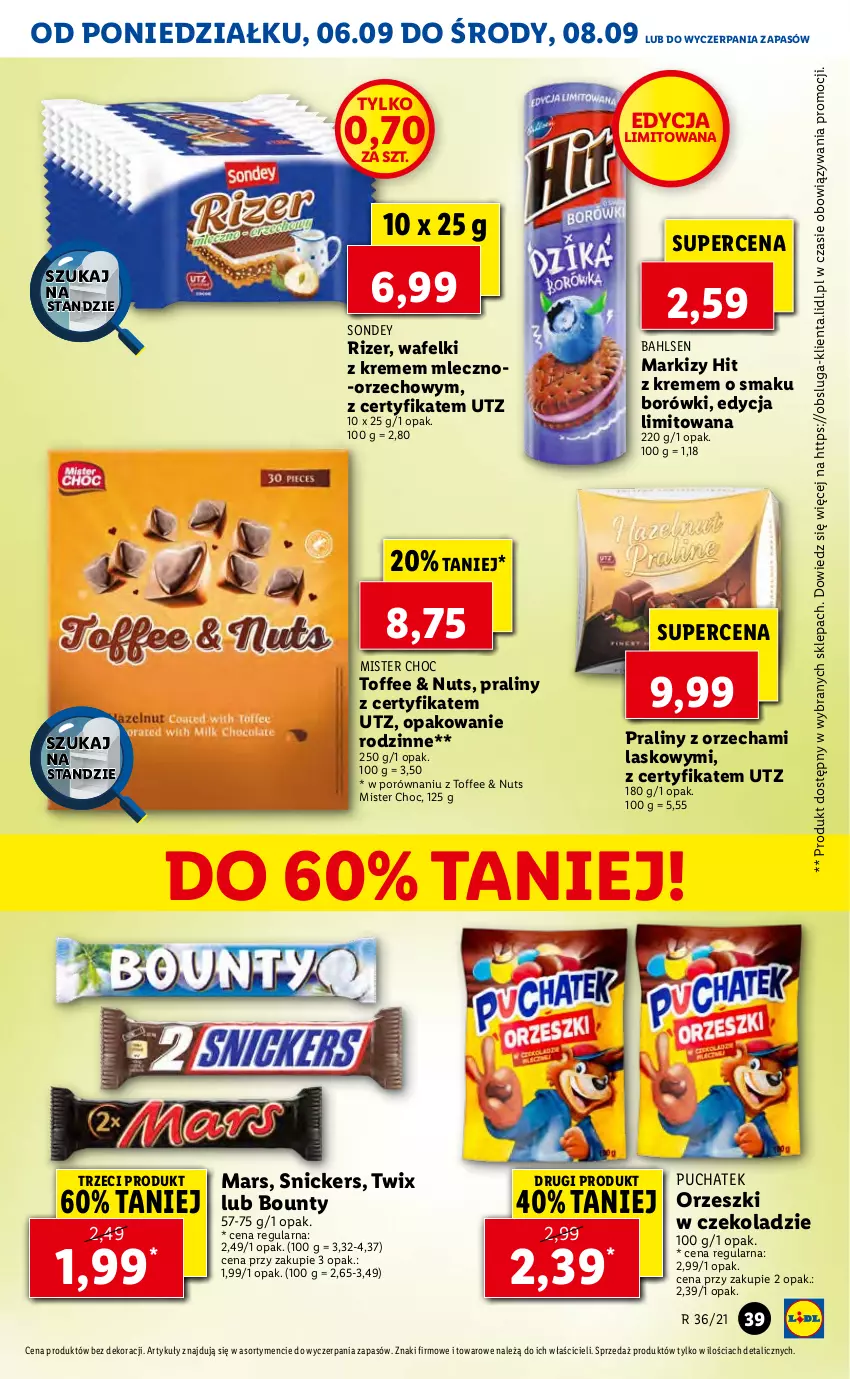 Gazetka promocyjna Lidl - GAZETKA - ważna 06.09 do 08.09.2021 - strona 39 - produkty: Bounty, Mars, Orzeszki, Por, Praliny, Snickers, Twix