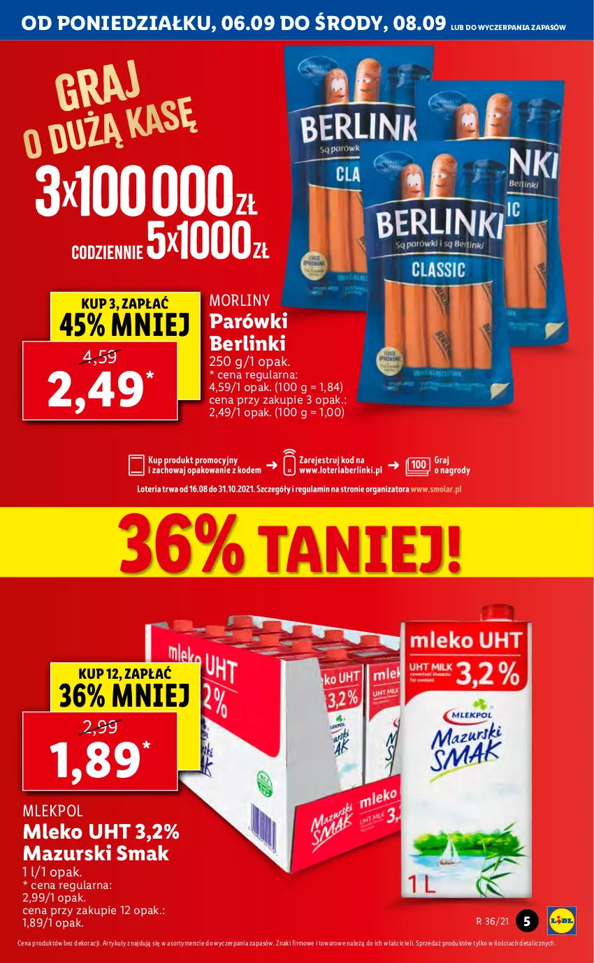 Gazetka promocyjna Lidl - GAZETKA - ważna 06.09 do 08.09.2021 - strona 5 - produkty: Berlinki, Mleko, Morliny, Parówki