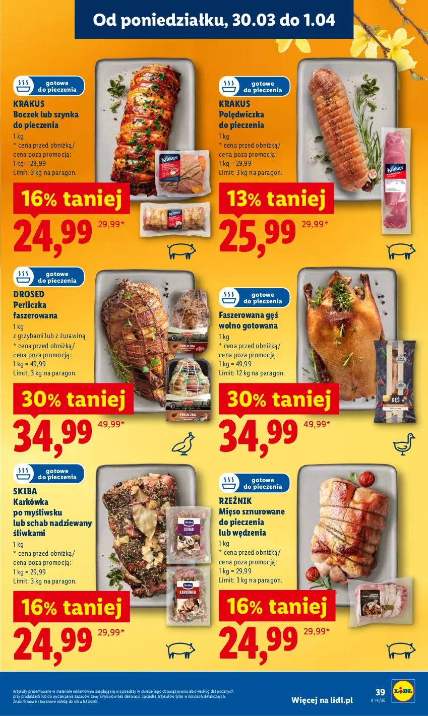Gazetka promocyjna Lidl - Gazetka ważna od 30.03 do 1.04 - ważna 30.03 do 01.04.2026 - strona 39 - produkty: Boczek, Fa, Krakus, Mięso, Perliczka, Piec, Szynka