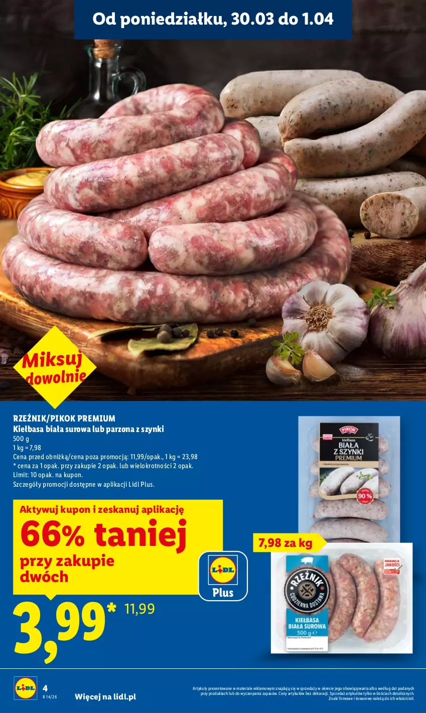 Gazetka promocyjna Lidl - Gazetka ważna od 30.03 do 1.04 - ważna 30.03 do 01.04.2026 - strona 4 - produkty: Kiełbasa, Kiełbasa biała, PIKOK