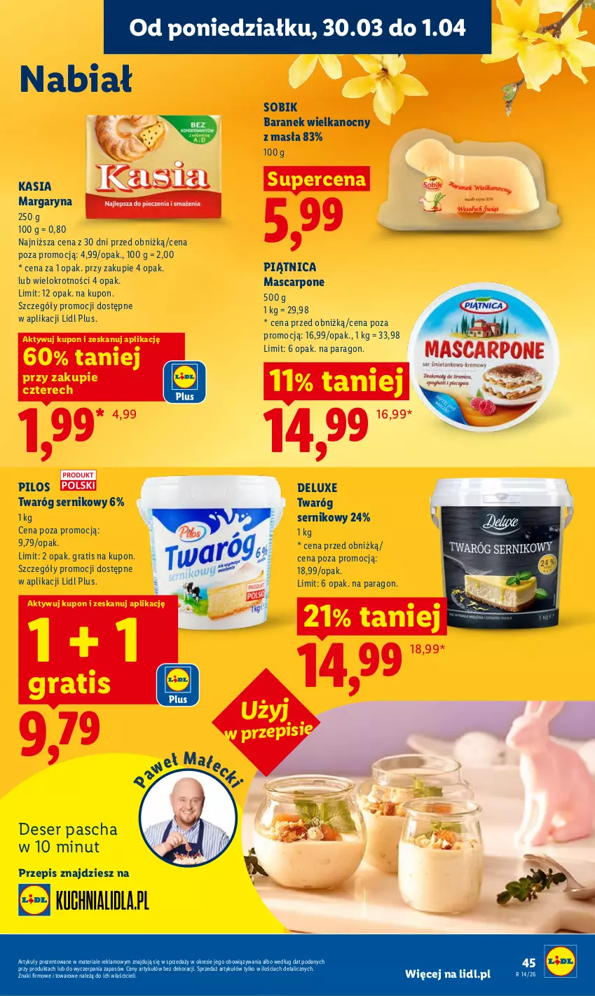 Gazetka promocyjna Lidl - Gazetka ważna od 30.03 do 1.04 - ważna 30.03 do 01.04.2026 - strona 45 - produkty: Deser, Gra, Kasia, Margaryna, Mascarpone, Piątnica, Pilos, Ser, Twaróg
