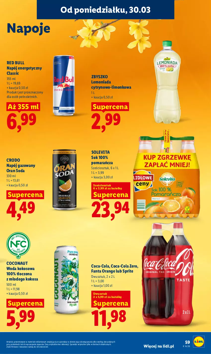 Gazetka promocyjna Lidl - Gazetka ważna od 30.03 do 1.04 - ważna 30.03 do 01.04.2026 - strona 59 - produkty: Coca-Cola, Fa, Fanta, Kokos, Lemoniada, Napój, Napój energetyczny, Napój gazowany, Napoje, Red Bull, Sok, Sprite, Woda