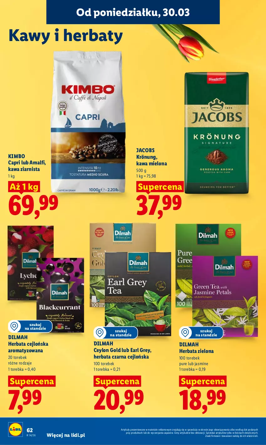 Gazetka promocyjna Lidl - Gazetka ważna od 30.03 do 1.04 - ważna 30.03 do 01.04.2026 - strona 62 - produkty: Dilmah, Earl Grey, Herbata, Herbata czarna, Jacobs, Jacobs Krönung, Kawa, Kawa mielona, Kawa ziarnista, Pur, Torebka