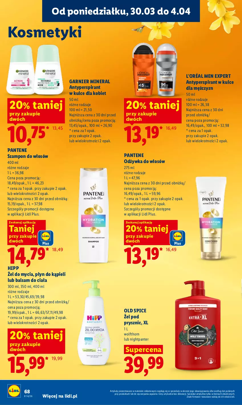 Gazetka promocyjna Lidl - Gazetka ważna od 30.03 do 1.04 - ważna 30.03 do 01.04.2026 - strona 68 - produkty: Antyperspirant, Balsam do ciała, Garnier, HiPP, L’Oréal, Odżywka, Old Spice, Pantene, Płyn do kąpieli, Szampon