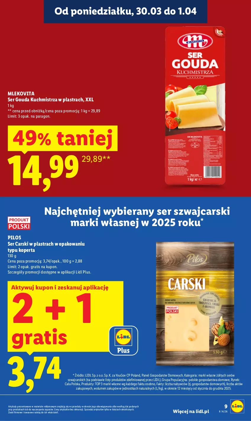 Gazetka promocyjna Lidl - Gazetka ważna od 30.03 do 1.04 - ważna 30.03 do 01.04.2026 - strona 9 - produkty: Cars, Fa, Gouda, Gra, Mleko, Mlekovita, Pilos, Ser, Top