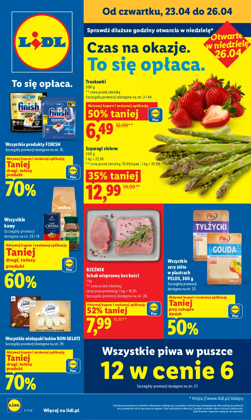 Gazetka promocyjna Lidl - Gazetka ważna od 23.04 do 26.04 - ważna 23.04 do 26.04.2026 - strona 1 - produkty: Finish, Pilos, Piwa, Schab wieprzowy, Ser, Truskawki