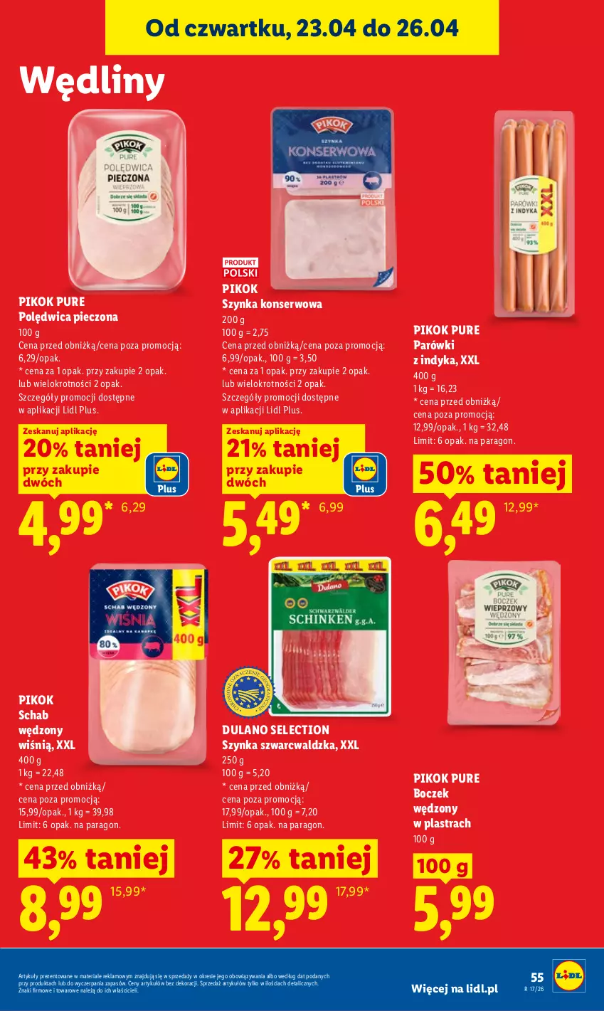 Gazetka promocyjna Lidl - Gazetka ważna od 23.04 do 26.04 - ważna 23.04 do 26.04.2026 - strona 55 - produkty: Boczek, Dulano, Parówki, Parówki z indyka, Piec, PIKOK, Polędwica, Pur, Ser, Szynka, Szynka konserwowa