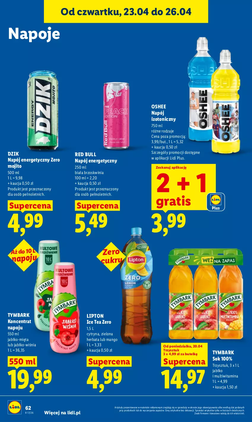 Gazetka promocyjna Lidl - Gazetka ważna od 23.04 do 26.04 - ważna 23.04 do 26.04.2026 - strona 62 - produkty: Gra, Herbata, Ice tea, Lipton, Mango, Mięta, Napój, Napój energetyczny, Napój izotoniczny, Napoje, Oshee, Red Bull, Sok, Tymbark