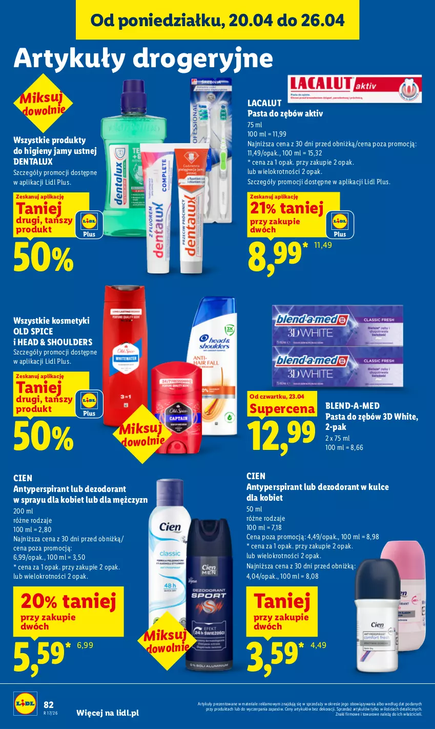 Gazetka promocyjna Lidl - Gazetka ważna od 23.04 do 26.04 - ważna 23.04 do 26.04.2026 - strona 82 - produkty: Antyperspirant, Blend-a-Med, Dezodorant, Lacalut, Old Spice, Pasta do zębów