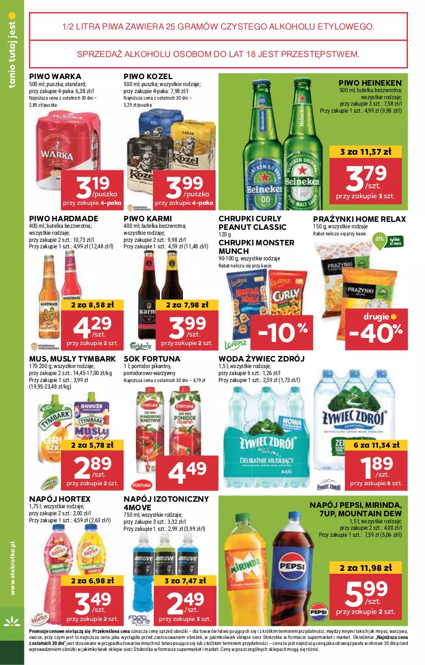 Gazetka promocyjna Stokrotka - Supermarket - ważna 24.10 do 29.10.2024 - strona 24 - produkty: 7up, Chrupki, Fortuna, Gra, Heineken, Hortex, Karmi, Kozel, Mięso, Mirinda, Monster Munch, Mus, Napój, Napój izotoniczny, Owoce, Pepsi, Piwa, Piwo, Sok, Tymbark, Warka, Warzywa, Woda