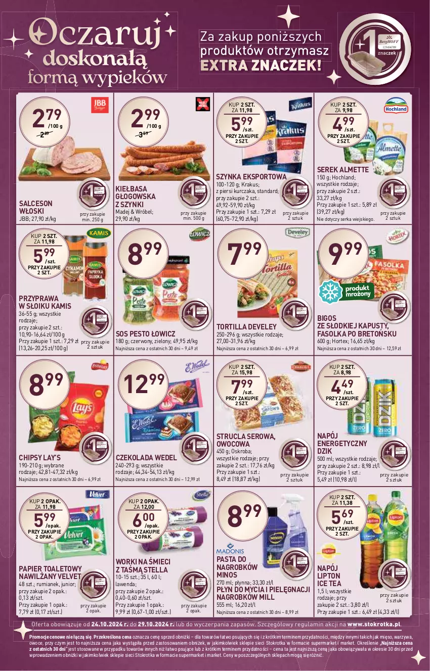 Gazetka promocyjna Stokrotka - Supermarket - ważna 24.10 do 29.10.2024 - strona 8 - produkty: Almette, Bigos, Chipsy, Czekolada, Fa, Hochland, Hortex, Ice tea, Kamis, Kiełbasa, Kiełbasa głogowska, Krakus, Kurczak, Lay’s, Lipton, Mięso, Napój, Napój energetyczny, Owoce, Papier, Papier toaletowy, Pesto, Płyn do mycia, Por, Rum, Salceson, Ser, Serek, Sos, Sport, Strucla, Szynka, Tortilla, Velvet, Warzywa, Worki na śmiec, Worki na śmieci