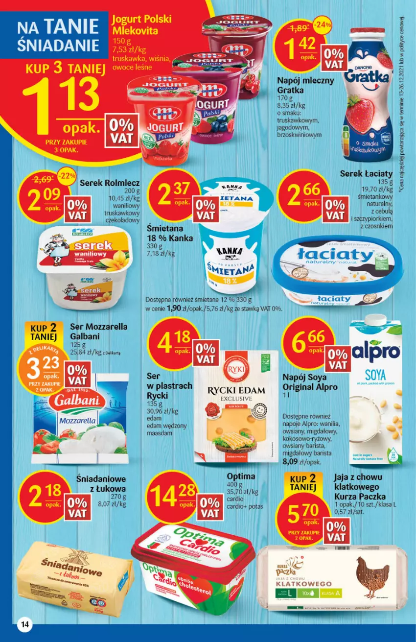 Gazetka promocyjna Delikatesy Centrum - Gazetka DC08 - ważna 24.02 do 02.03.2022 - strona 14 - produkty: Alpro, Danio, Edam, Galbani, Gin, Gra, Jaja, Kokos, Maasdam, Mozzarella, Napój, Napój mleczny, Napoje, Optima, Rolmlecz, Rycki Edam, Ser, Serek