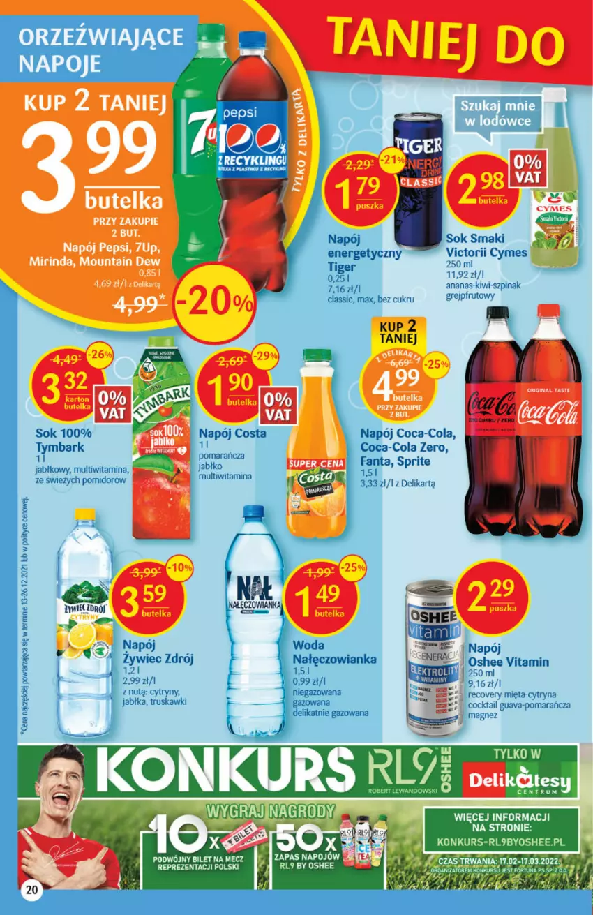 Gazetka promocyjna Delikatesy Centrum - Gazetka DC08 - ważna 24.02 do 02.03.2022 - strona 20 - produkty: 7up, Ananas, Coca-Cola, Cytryny, Fa, Fanta, Gin, Jabłka, Kiwi, Magnez, Mięta, Nałęczowianka, Napój, Oshee, Pepsi, Sok, Sprite, Szpinak, Tiger, Truskawki, Tymbark, Woda