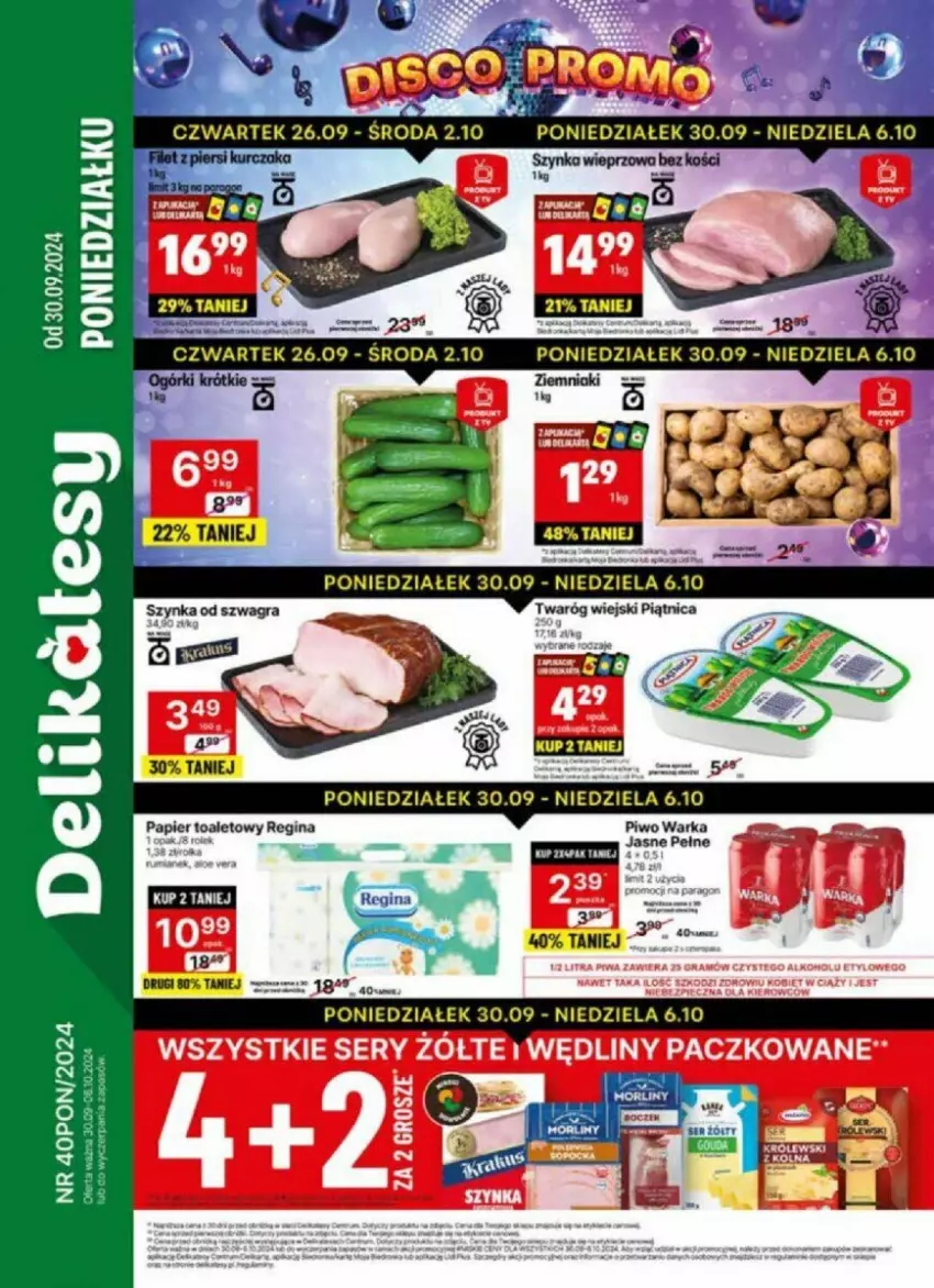 Gazetka promocyjna Delikatesy Centrum - ważna 30.09 do 06.10.2024 - strona 1 - produkty: Gin, Gra, Kurczak, Piątnica, Piwo, Ser, Szynka, Szynka wieprzowa, Twaróg, Warka