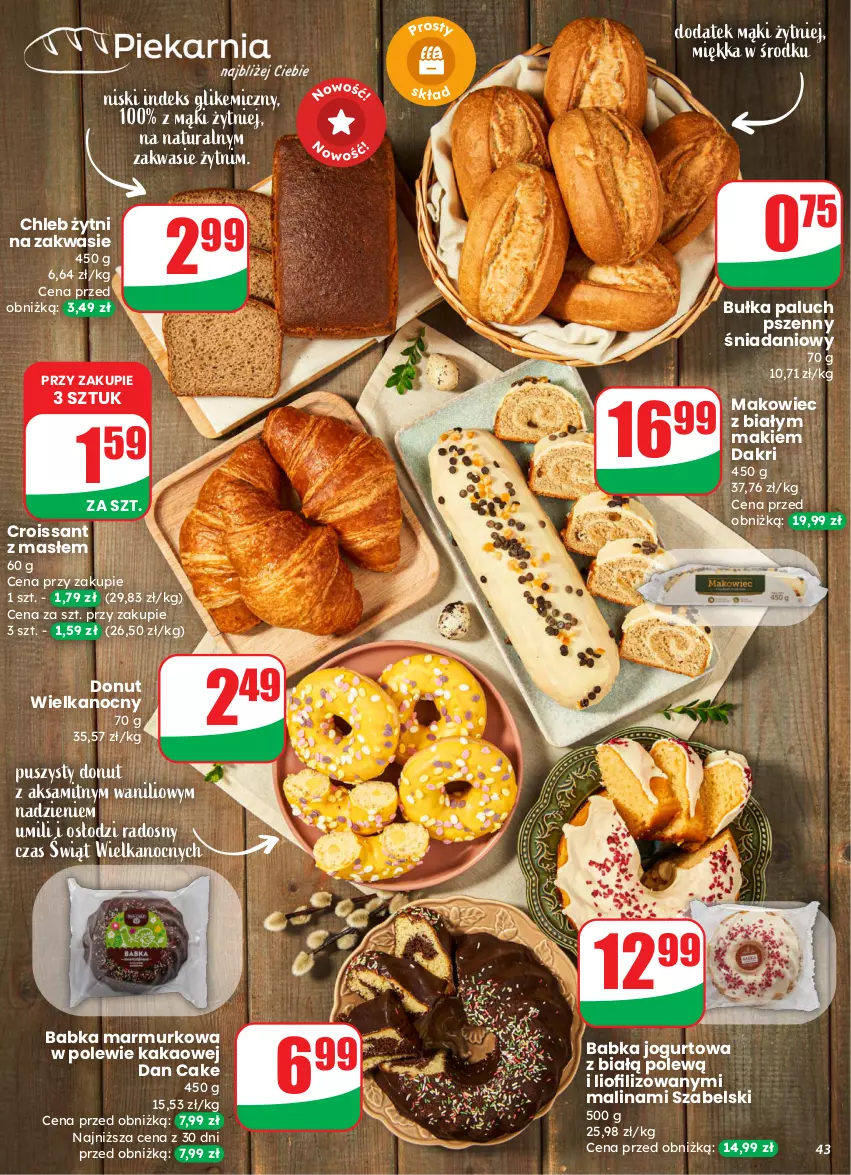 Gazetka promocyjna Dino - Gazetka 13 / 2026 - ważna 25.03 do 31.03.2026 - strona 43 - produkty: Aksam, Babka, Bułka, Chleb, Croissant, Dan Cake, Danio, Donut, Jogurt, Kakao, Makowiec