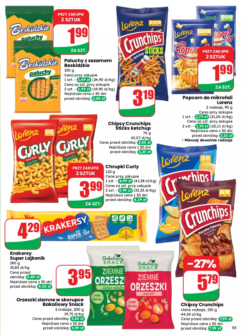 Gazetka promocyjna Dino - Gazetka 13 / 2026 - ważna 25.03 do 31.03.2026 - strona 55 - produkty: Beskidzki, Chipsy, Chrupki, Crunchips, Fa, Ketchup, Krakersy, Lajkonik, Lorenz, Orzeszki, Orzeszki ziemne, Popcorn, Sezam