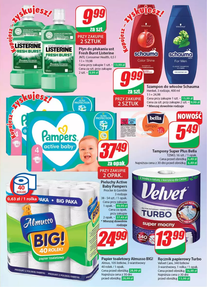 Gazetka promocyjna Dino - Gazetka 3 - ważna 16.01 do 23.01.2024 - strona 53 - produkty: Bell, Bella, Fa, Listerine, Mus, Pampers, Papier, Papier toaletowy, Pieluchy, Płyn do płukania, Ręcznik, Schauma, Szampon, Tampony, Velvet