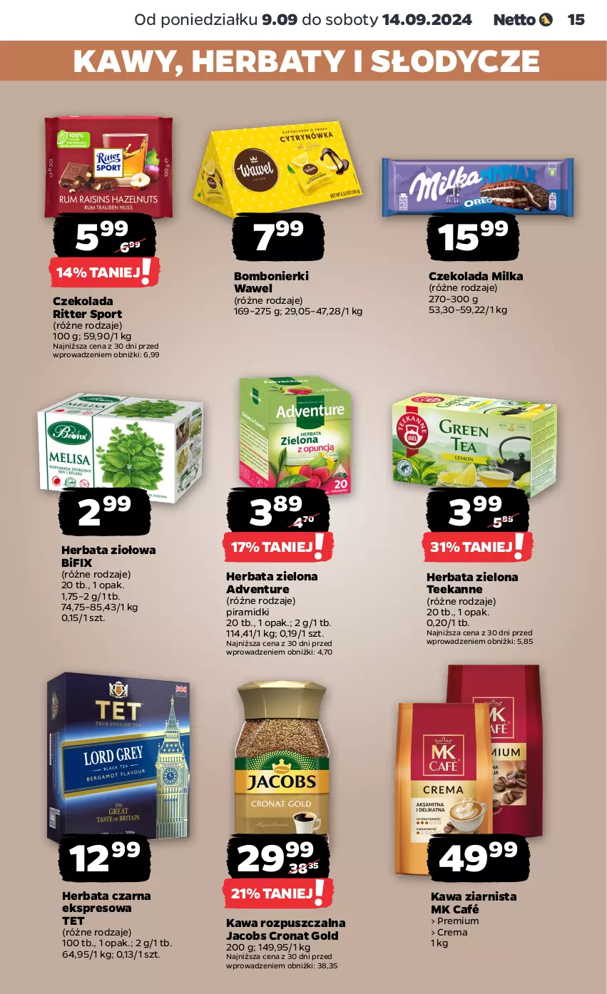 Gazetka promocyjna Netto - Netto Gazetka Food 37/24A - ważna 09.09 do 14.09.2024 - strona 15 - produkty: Czekolada, Herbata, Herbata czarna, Jacobs, Kawa, Kawa rozpuszczalna, Kawa ziarnista, Milka, Por, Ritter Sport, Sport, Teekanne, Wawel