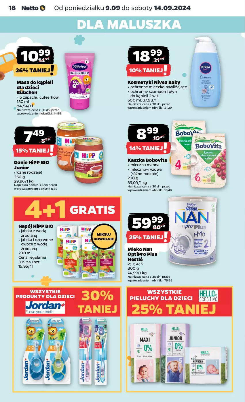 Gazetka promocyjna Netto - Netto Gazetka Food 37/24A - ważna 09.09 do 14.09.2024 - strona 18 - produkty: BoboVita, Cukier, Dzieci, Gra, HiPP, Hipp Bio, Jabłka, Mleczko, Mleko, NAN Optipro, Napój, Nestlé, Nivea, Nivea Baby, Owoce, Pieluchy, Płyn do kąpieli, Ryż, Szampon