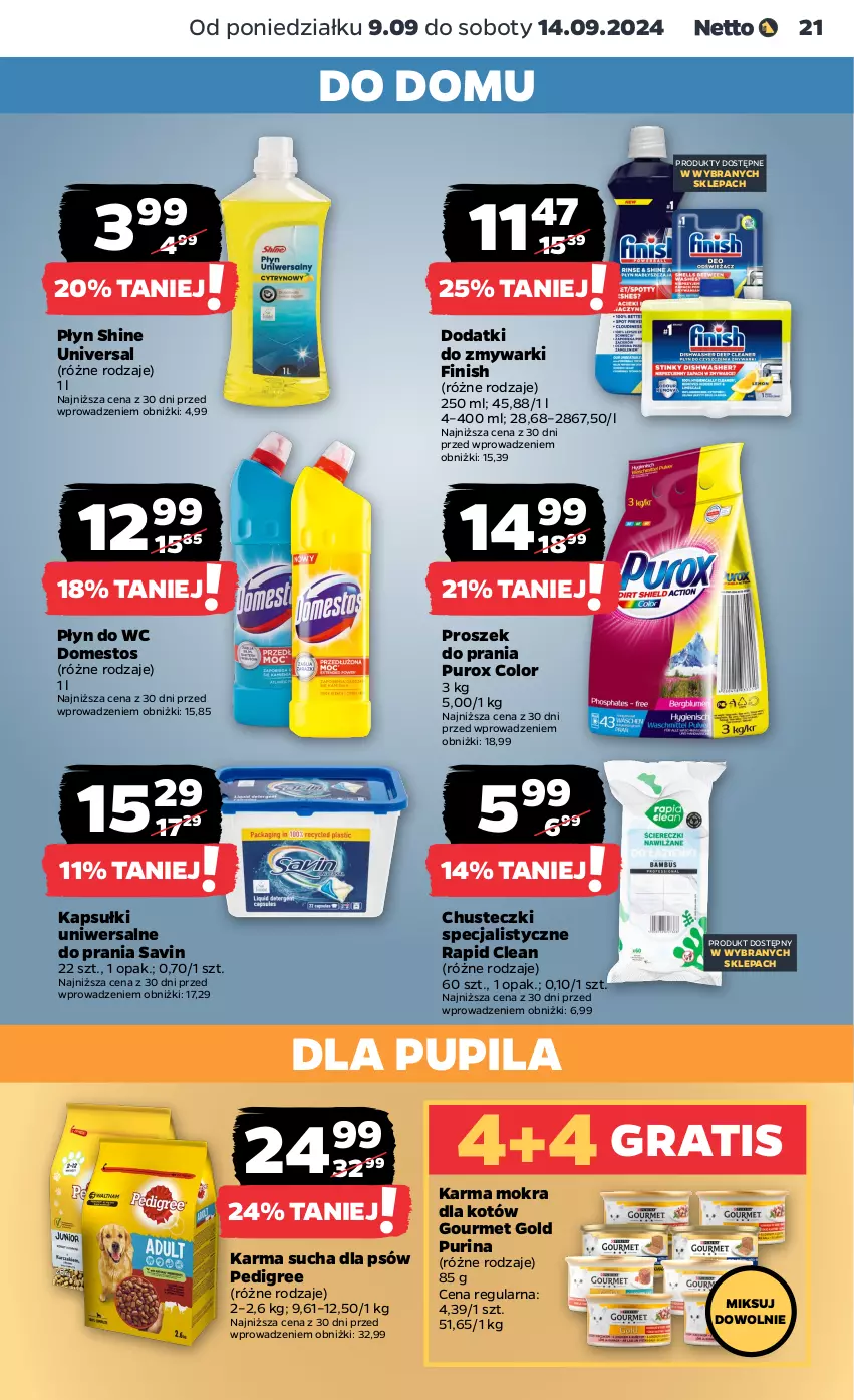 Gazetka promocyjna Netto - Netto Gazetka Food 37/24A - ważna 09.09 do 14.09.2024 - strona 21 - produkty: Chusteczki, Domestos, Finish, Gourmet Gold, Gra, Karma mokra dla kotów, Pedigree, Płyn do wc, Proszek do prania, Pur, Purina, Zmywarki