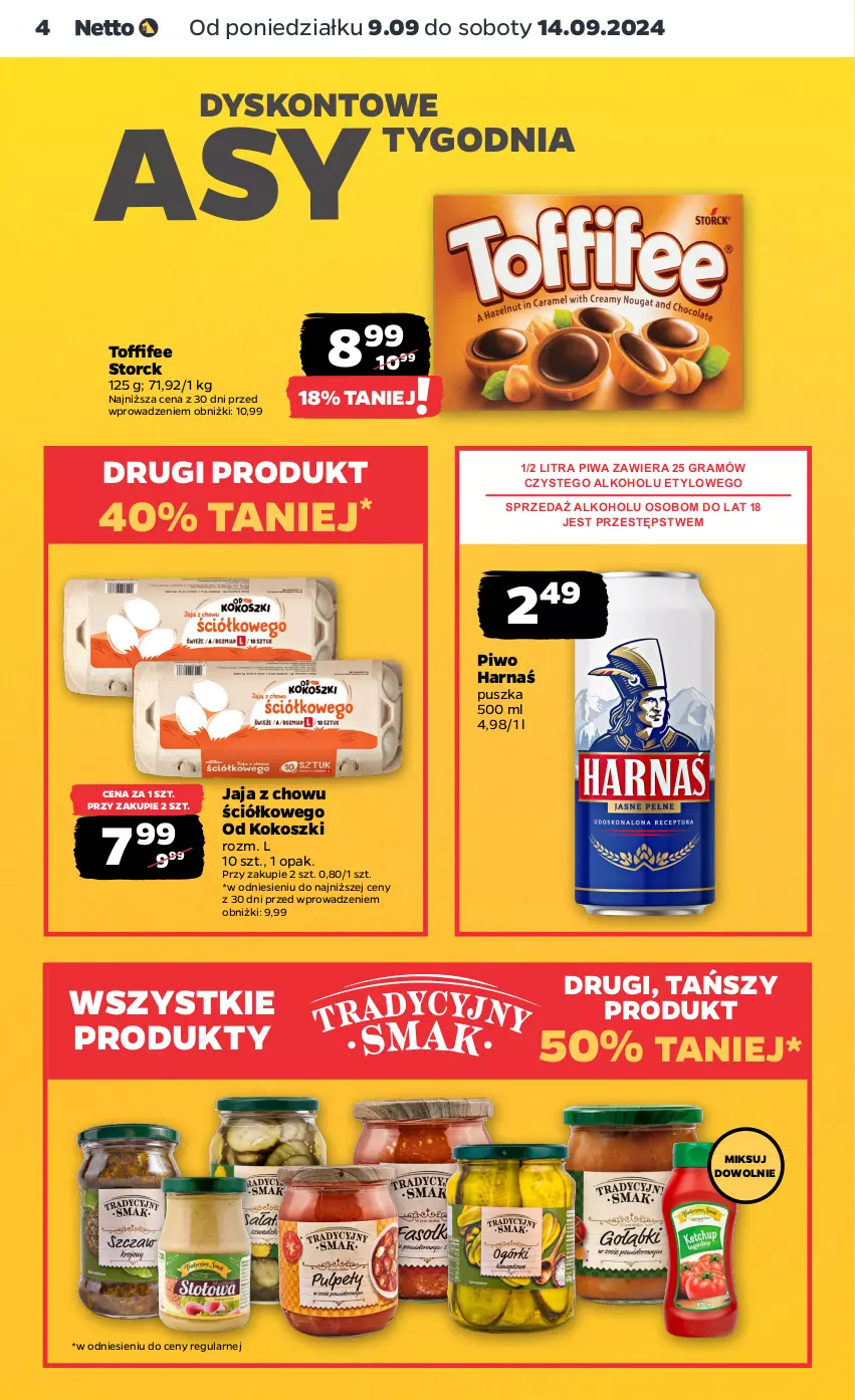 Gazetka promocyjna Netto - Netto Gazetka Food 37/24A - ważna 09.09 do 14.09.2024 - strona 4 - produkty: Gra, Harnaś, Jaja, Kokos, Kosz, Piwa, Piwo, Toffifee