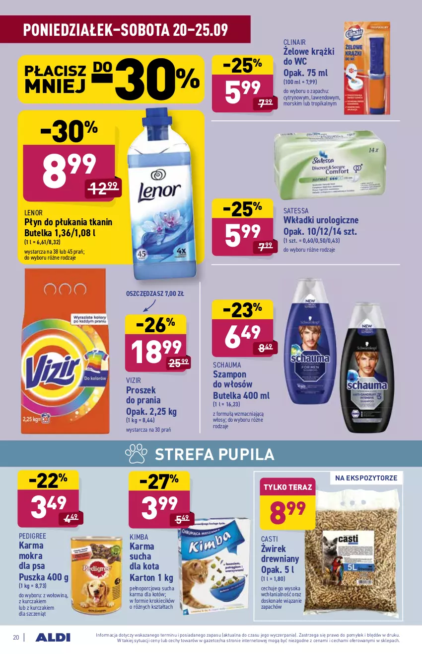 Gazetka promocyjna Aldi - ważna 20.09 do 25.09.2021 - strona 20 - produkty: Clin, Fa, Kurczak, Lenor, Pedigree, Płyn do płukania, Por, Proszek do prania, Schauma, Sok, Sucha karma, Szampon, Tera, Vizir, Wkładki, Wkładki urologiczne