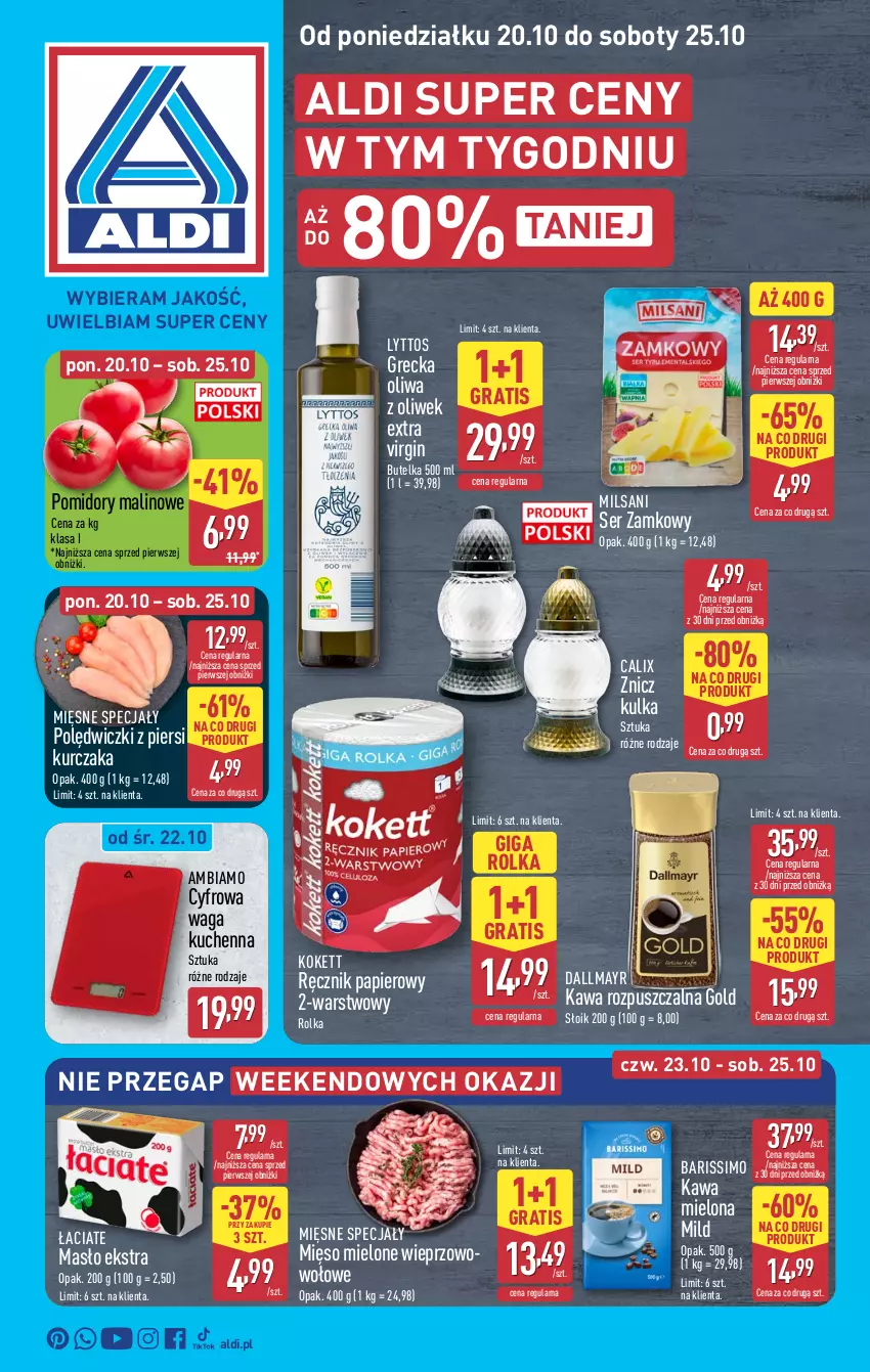 Gazetka promocyjna Aldi - Pełna oferta - ważna 20.10 do 25.10.2025 - strona 1 - produkty: Dallmayr, Gin, Gra, Kawa, Kawa mielona, Kawa rozpuszczalna, Kurczak, Masło, Mięsne specjały, Mięso, Mięso mielone, Oliwa, Oliwa z oliwek, Papier, Pomidory, Ręcznik, Ser, Waga, Znicz