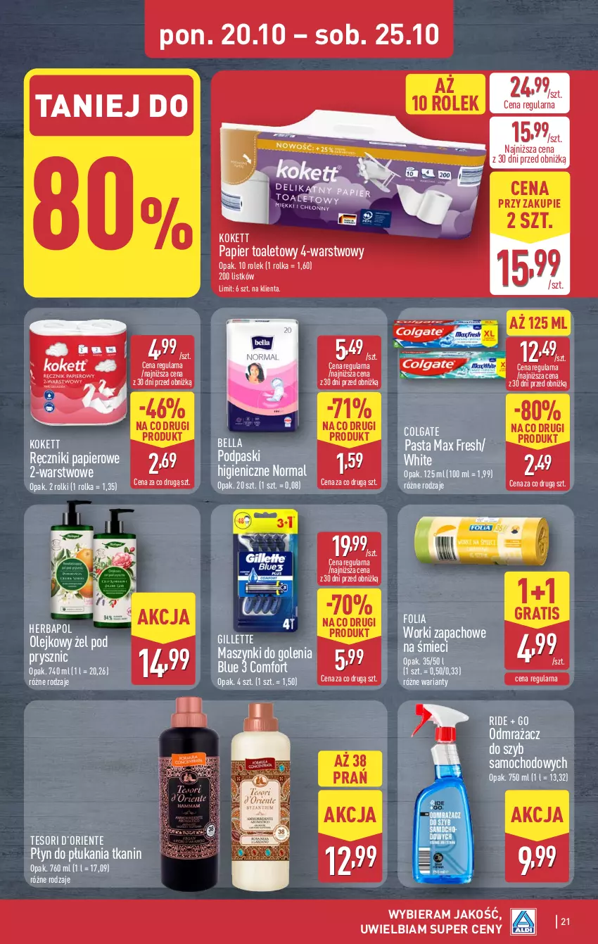 Gazetka promocyjna Aldi - Pełna oferta - ważna 20.10 do 25.10.2025 - strona 21 - produkty: Bell, Bella, Colgate, Gillette, Gra, Herbapol, LG, Odmrażacz do szyb, Olej, Papier, Papier toaletowy, Płyn do płukania, Podpaski, Ręcznik, Ręczniki papierowe, Rolki